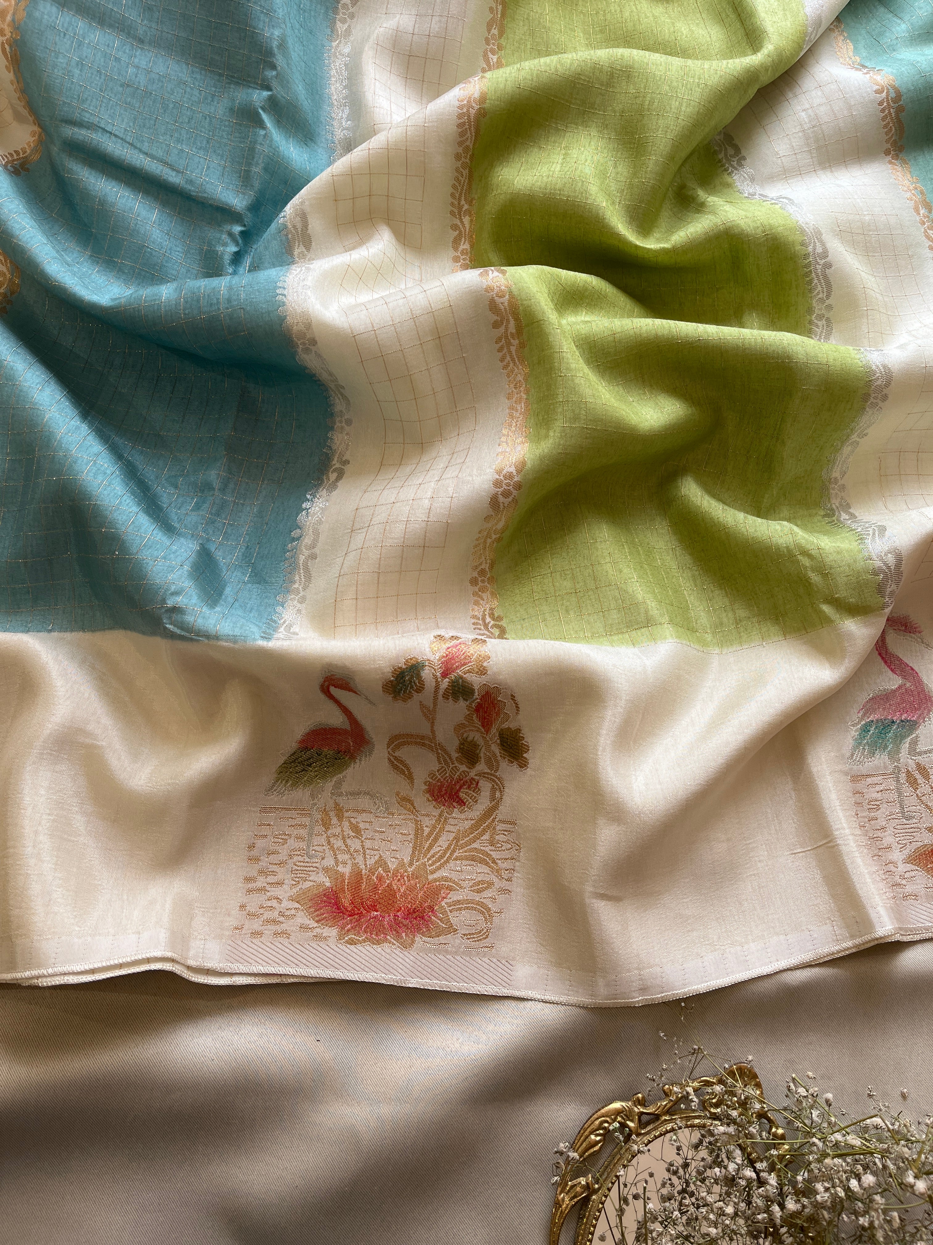 Blue and Green Viscose Silk Saree